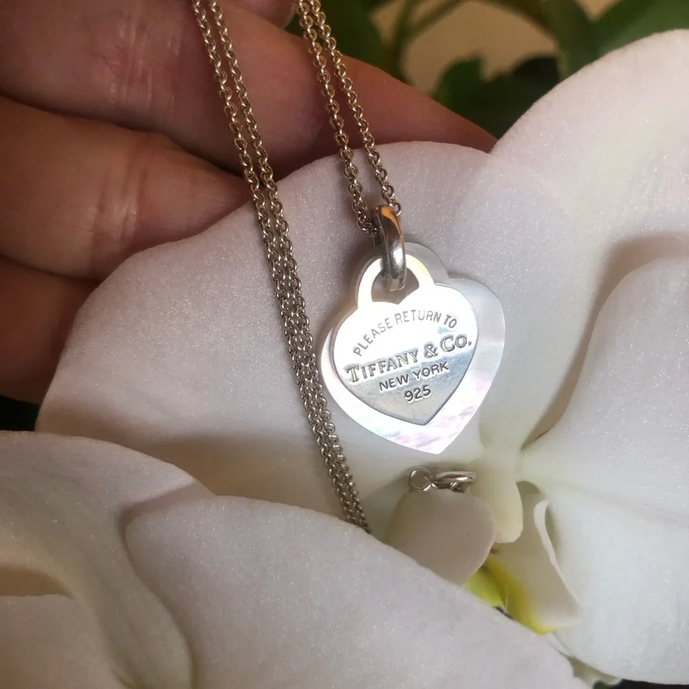 Tiffany & Co. Double Heart Tag 925 Sterling & Mother of Pearl Necklace - Picture 2 of 9